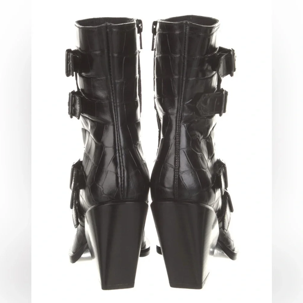 Pinko Lucciola Black Leather Croc Print Moto Boots - Picture 5 of 11